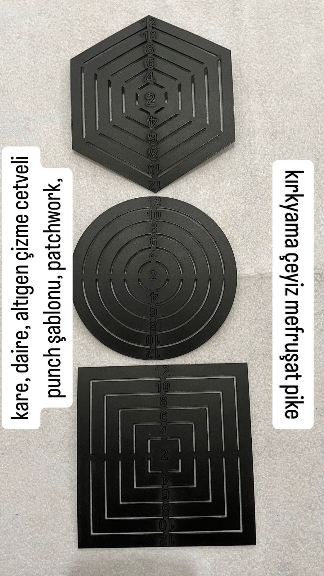3 CETVEL KARE DAİRE ALTIGEN ŞABLON 2 4 6 8 10 12 CM PUNCH ŞABLONU PATCHWORK Kırkyama Çeyiz Mefruşat